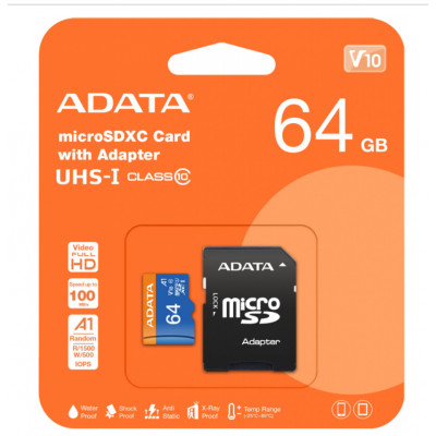 64 GB pamäťová Micro SD karta ADATA + SD Adaptér, CLASS 10